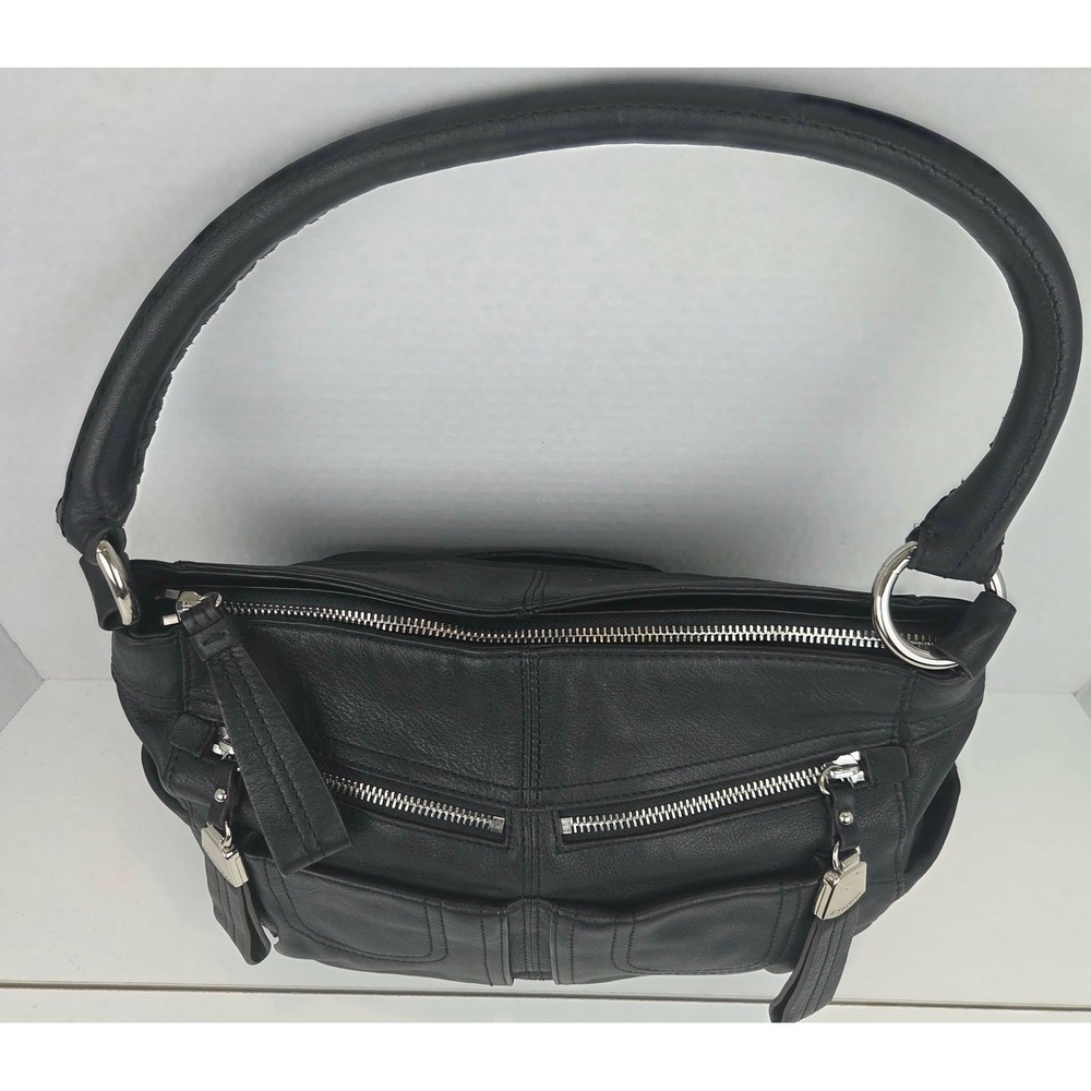 B. Makowsky Black Leather Hobo Shoulder Bag Leopard Print Lining - Picture 3 of 16